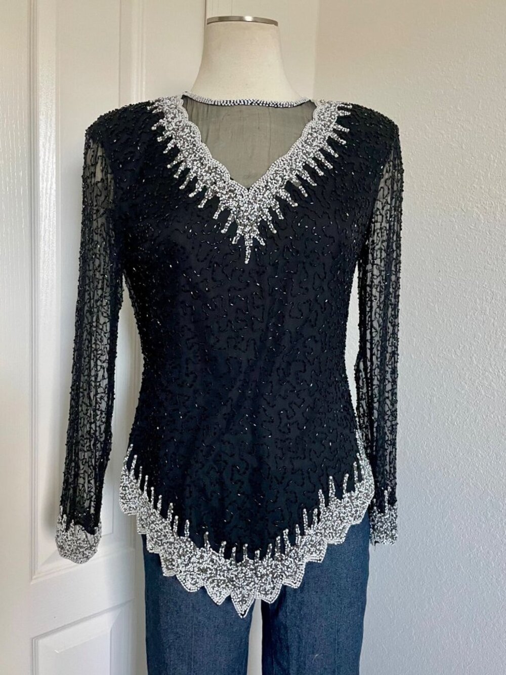 Vintage 1980s Stenay Beaded Sequin Pearl Silk Blouse Sheer Sleeve Women’s Size M